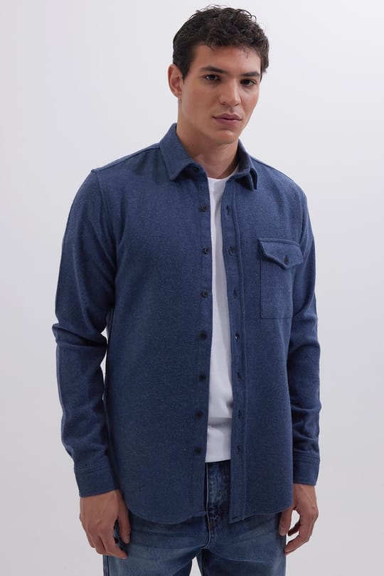 Erkek Slim Fit Tek Cep Kapaklı Düz Oduncu Spor İndigo Gömlek