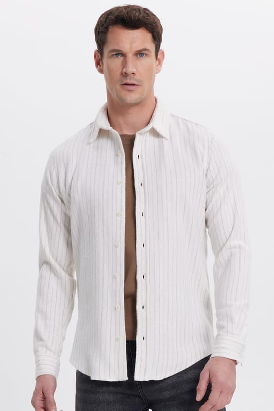 Erkek Slim Fit Dar Kesim Yaka Düğmeli Çizgili Oduncu Gömlek