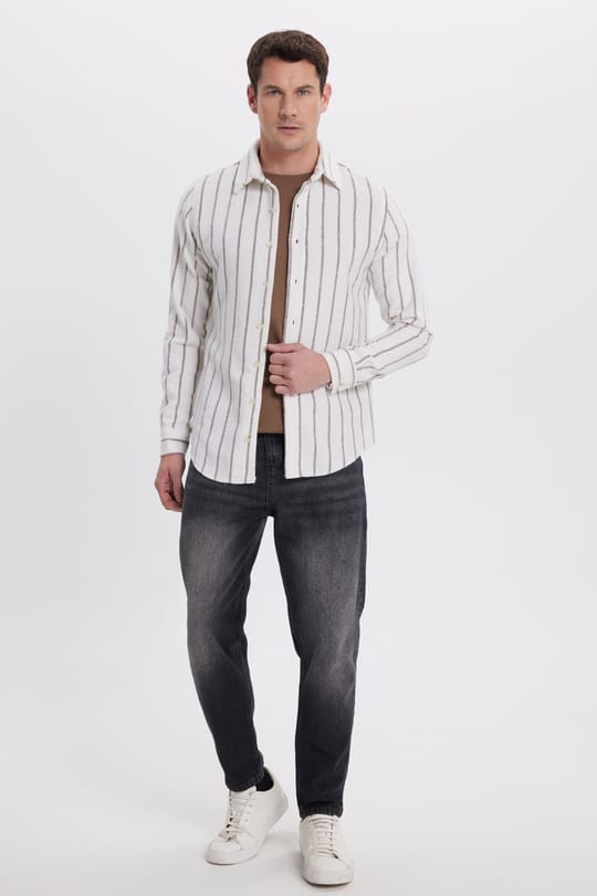 Erkek Slim Fit Dar Kesim Yaka Düğmeli Çizgili Oduncu Gömlek