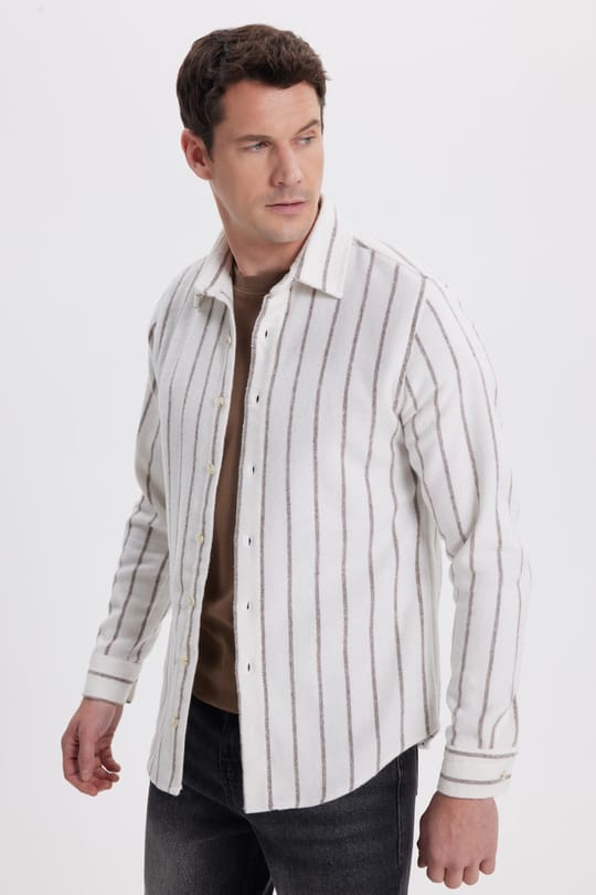 Erkek Slim Fit Dar Kesim Yaka Düğmeli Çizgili Oduncu Gömlek