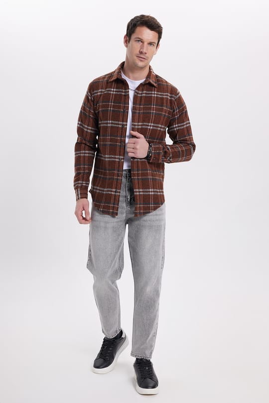 Erkek Slim Fit Dar Kesim Kareli Kışlık Oduncu Gömlek