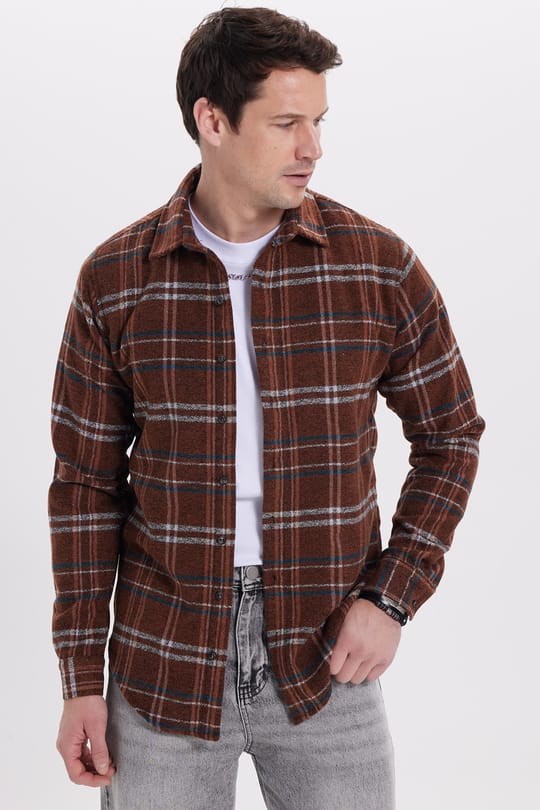 Erkek Slim Fit Dar Kesim Kareli Kışlık Oduncu Gömlek