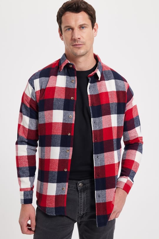 Erkek Slim Fit Dar Kesim Kareli Kışlık Oduncu Gömlek