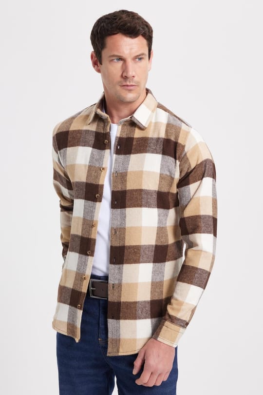 Erkek Slim Fit Dar Kesim Kareli Kışlık Oduncu Gömlek