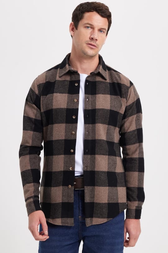 Erkek Slim Fit Dar Kesim Kareli Kışlık Oduncu Gömlek