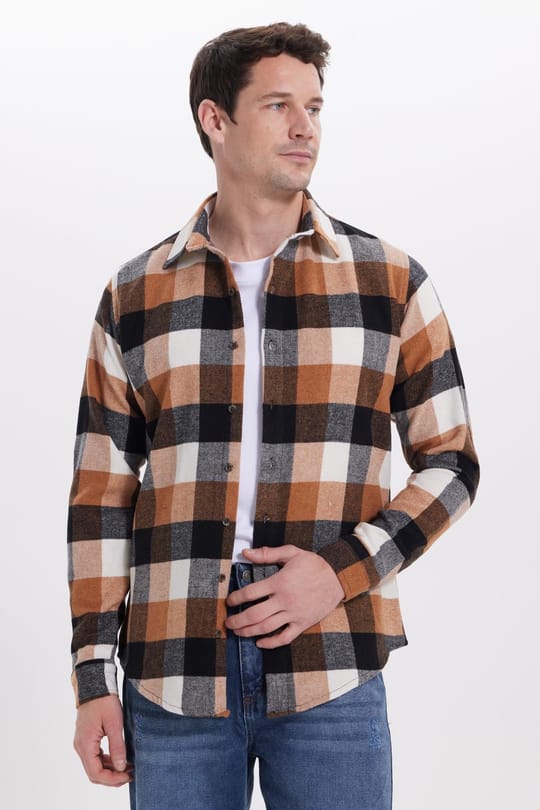 Erkek Slim Fit Dar Kesim Kareli Kışlık Oduncu Gömlek