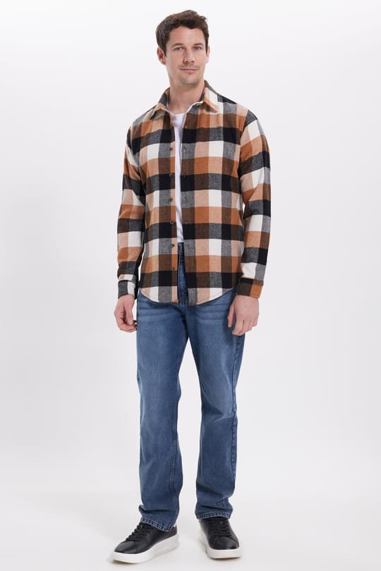 Erkek Slim Fit Dar Kesim Kareli Kışlık Oduncu Gömlek