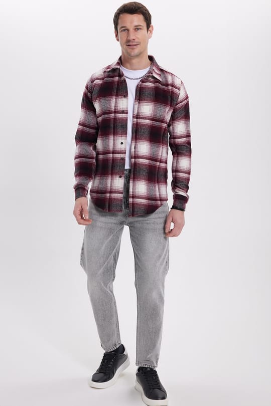 Erkek Slim Fit Dar Kesim Kareli Kışlık Oduncu Gömlek