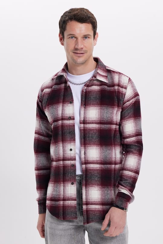 Erkek Slim Fit Dar Kesim Kareli Kışlık Oduncu Gömlek