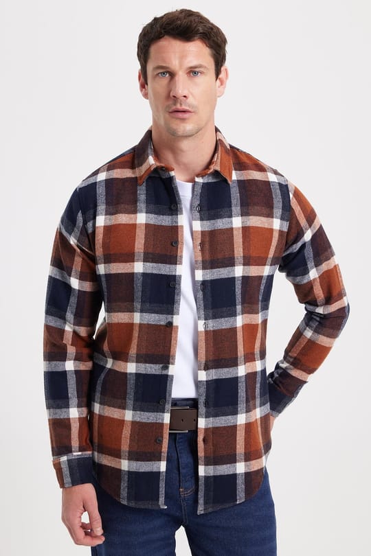 Erkek Slim Fit Dar Kesim Kareli Kışlık Oduncu Gömlek