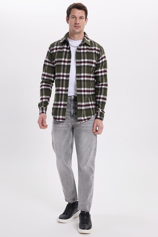 Erkek Slim Fit Dar Kesim Kareli Kışlık Oduncu Gömlek