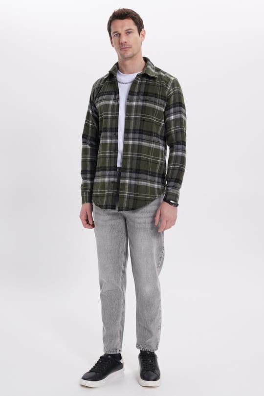 Erkek Slim Fit Dar Kesim Kareli Kışlık Oduncu Gömlek