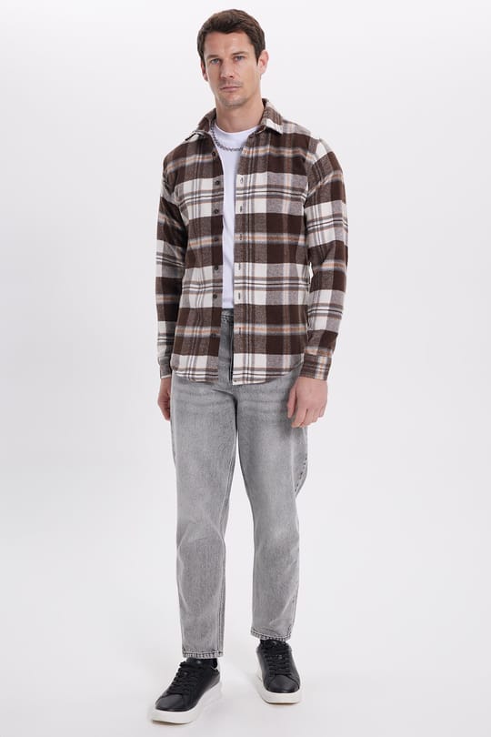 Erkek Slim Fit Dar Kesim Kareli Kışlık Oduncu Gömlek