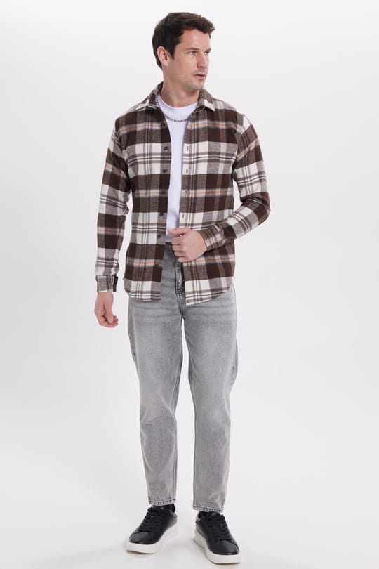 Erkek Slim Fit Dar Kesim Kareli Kışlık Oduncu Gömlek