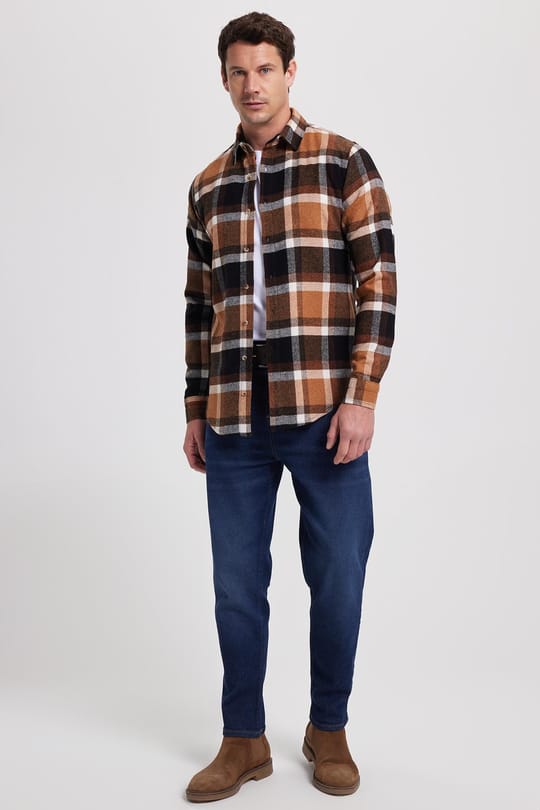 Erkek Slim Fit Dar Kesim Kareli Kışlık Oduncu Gömlek