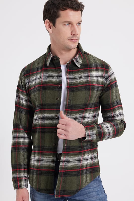 Erkek Slim Fit Dar Kesim Kareli Kışlık Oduncu Gömlek