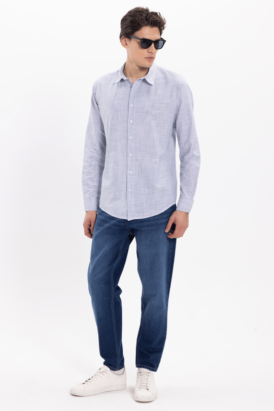 Erkek Slim Fit Dar Kesim %100 Pamuk Çizgili Uzun Kollu Keten Efektli Lacivert Gömlek