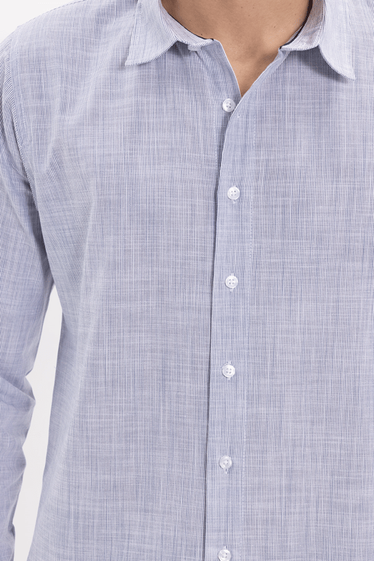 Erkek Slim Fit Dar Kesim %100 Pamuk Çizgili Uzun Kollu Keten Efektli Lacivert Gömlek