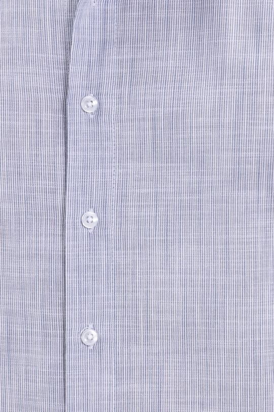 Erkek Slim Fit Dar Kesim %100 Pamuk Çizgili Uzun Kollu Keten Efektli Lacivert Gömlek