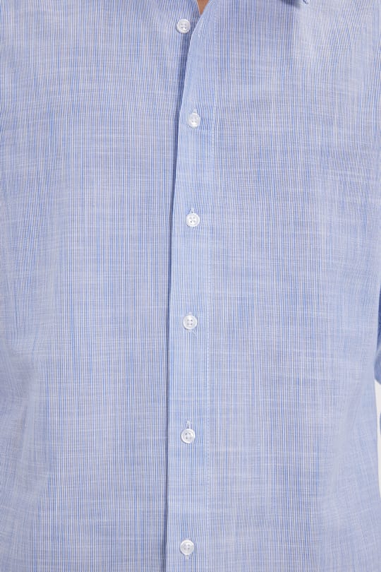 Erkek Slim Fit Dar Kesim %100 Pamuk Çizgili Uzun Kollu Keten Efektli Mavi Gömlek