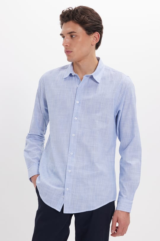 Erkek Slim Fit Dar Kesim %100 Pamuk Çizgili Uzun Kollu Keten Efektli Mavi Gömlek