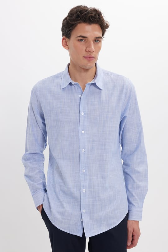Erkek Slim Fit Dar Kesim %100 Pamuk Çizgili Uzun Kollu Keten Efektli Mavi Gömlek