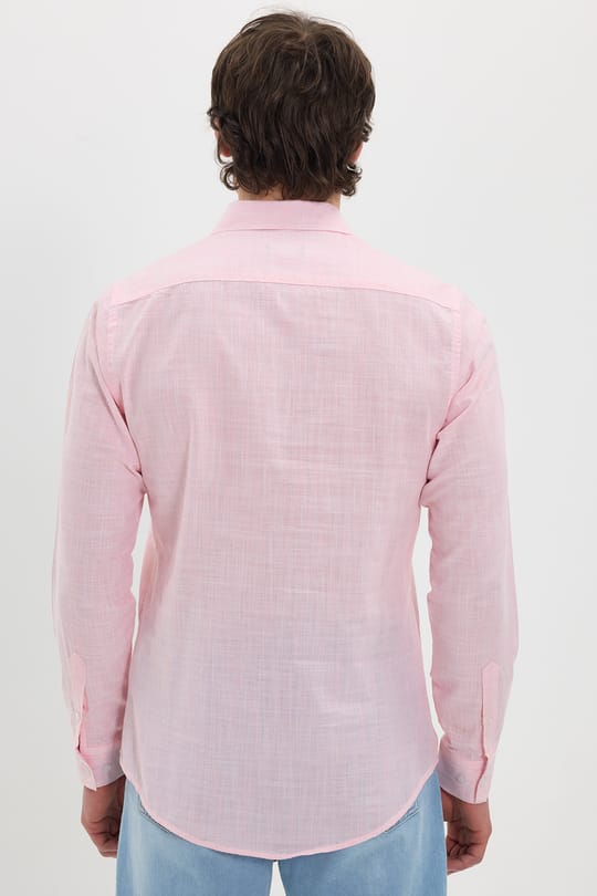 Erkek Slim Fit Dar Kesim %100 Pamuk Çizgili Uzun Kollu Keten Efektli Mercan Rengi Gömlek