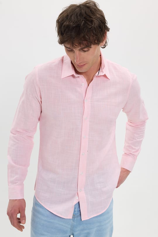 Erkek Slim Fit Dar Kesim %100 Pamuk Çizgili Uzun Kollu Keten Efektli Mercan Rengi Gömlek