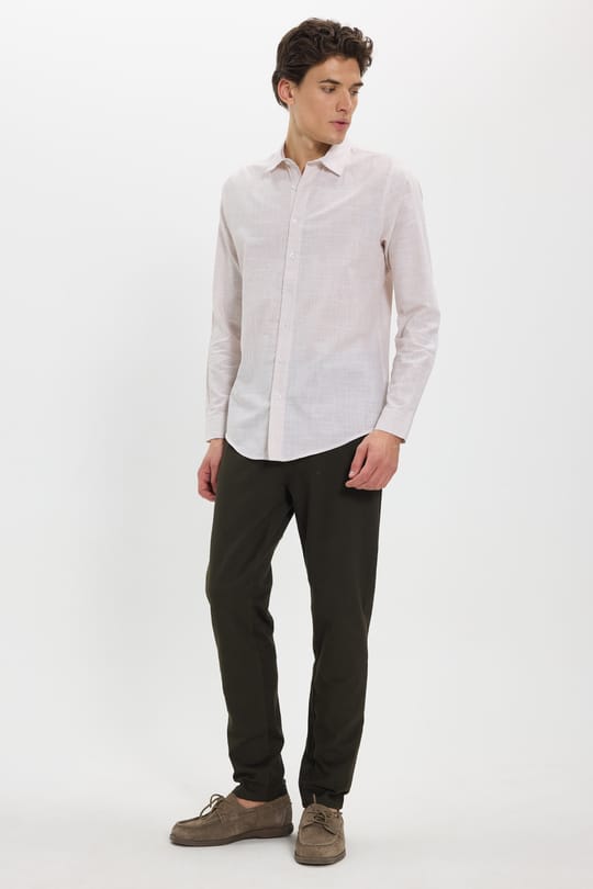 Erkek Slim Fit Dar Kesim %100 Pamuk Çizgili Uzun Kollu Keten Efektli Bej Gömlek