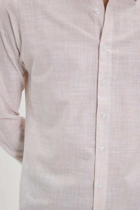 Erkek Slim Fit Dar Kesim %100 Pamuk Çizgili Uzun Kollu Keten Efektli Bej Gömlek