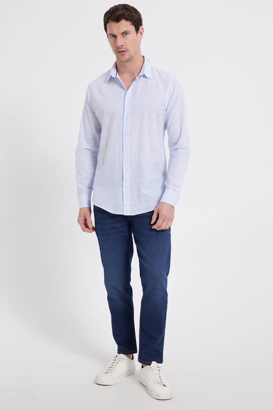 Erkek Slim Fit Dar Kesim %100 Pamuk Çizgili Uzun Kollu Keten Efektli Mavi Gömlek