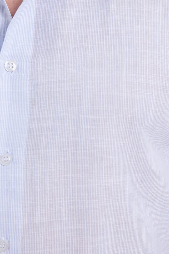 Erkek Slim Fit Dar Kesim %100 Pamuk Çizgili Uzun Kollu Keten Efektli Mavi Gömlek