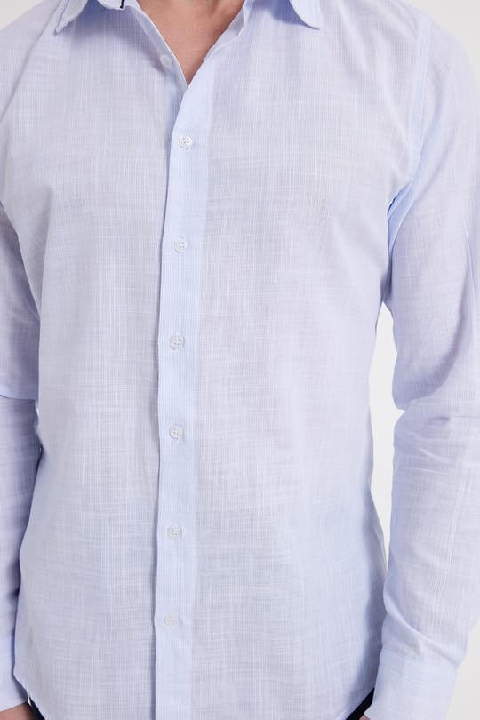 Erkek Slim Fit Dar Kesim %100 Pamuk Çizgili Uzun Kollu Keten Efektli Mavi Gömlek