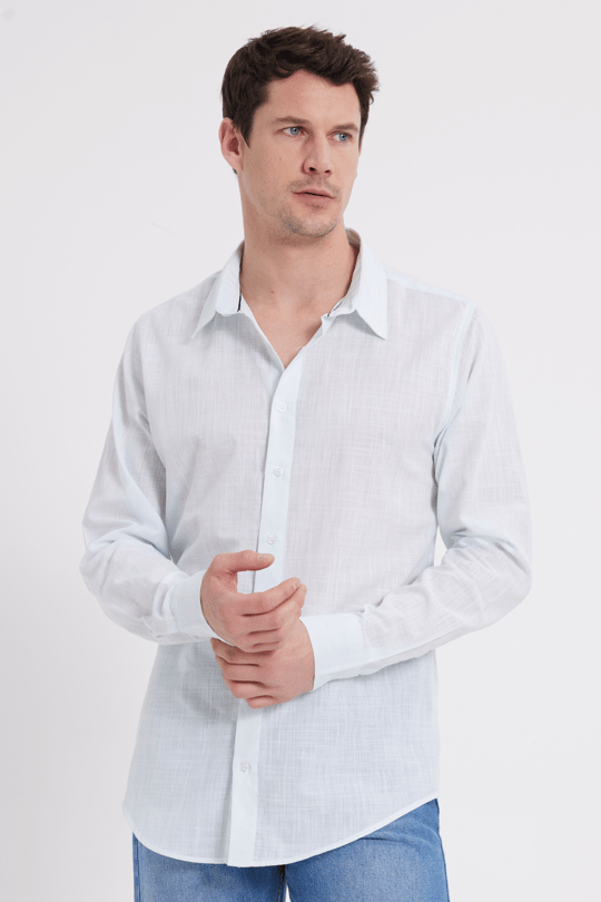 Erkek Slim Fit Dar Kesim %100 Pamuk Çizgili Uzun Kollu Keten Efektli Mint Gömlek