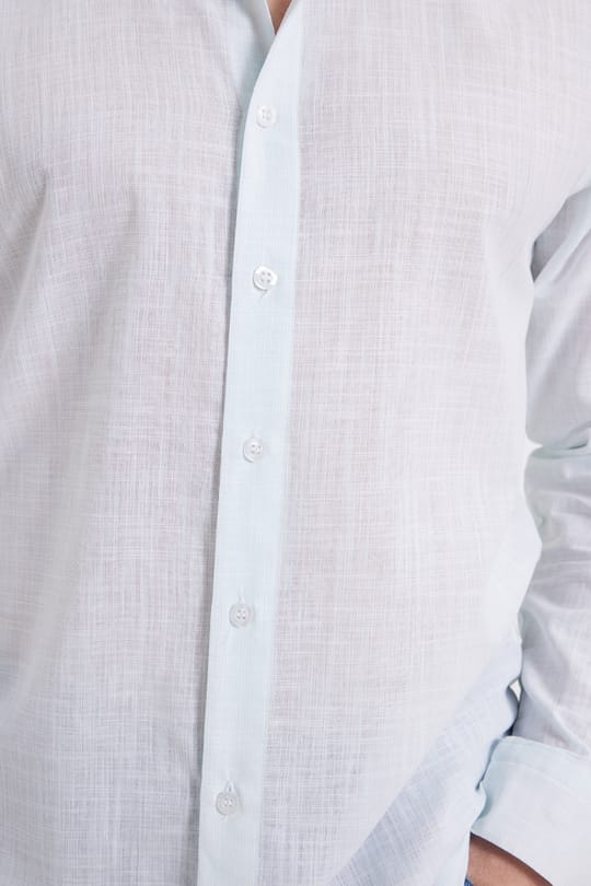 Erkek Slim Fit Dar Kesim %100 Pamuk Çizgili Uzun Kollu Keten Efektli Mint Gömlek