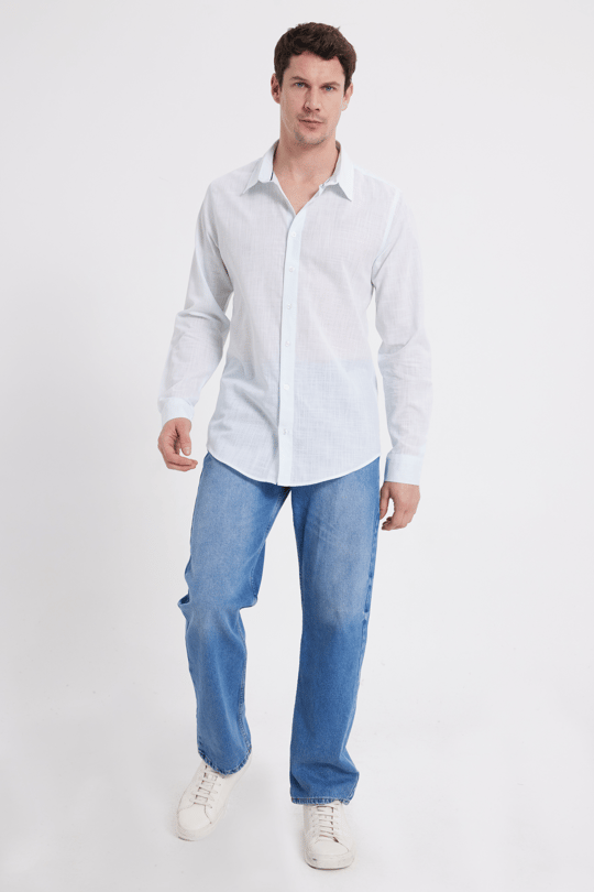 Erkek Slim Fit Dar Kesim %100 Pamuk Çizgili Uzun Kollu Keten Efektli Mint Gömlek