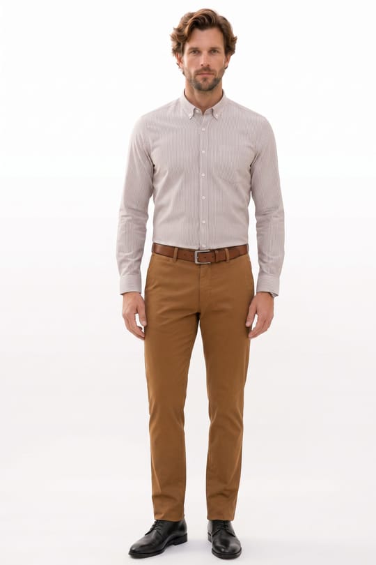 Erkek Slim Fit Dar Kesim %100 Pamuk Düğmeli Yaka Çizgili Uzun Kollu Cepli Keten Bej Gömlek