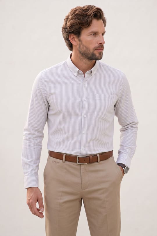 Erkek Slim Fit Dar Kesim %100 Pamuk Düğmeli Yaka Çizgili Uzun Kollu Cepli Keten Bej Gömlek
