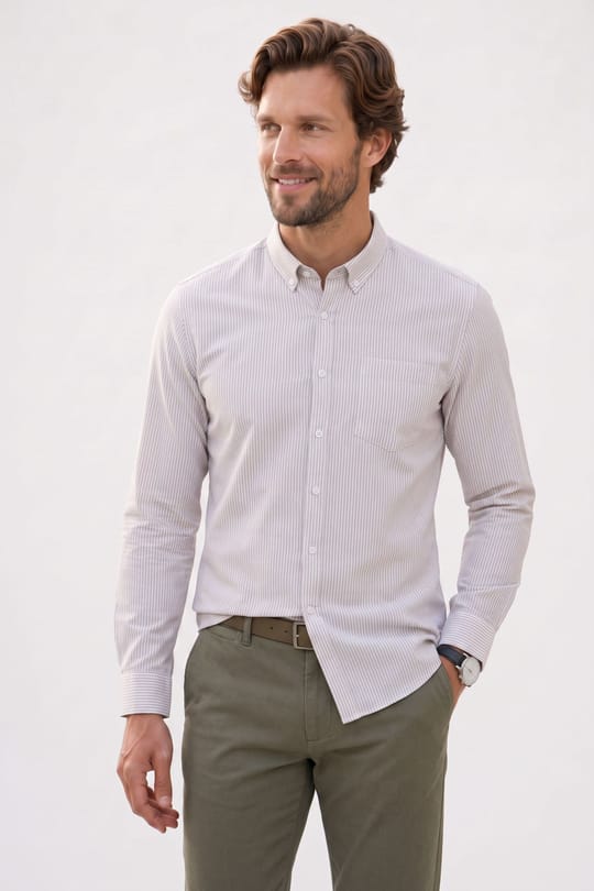 Erkek Slim Fit Dar Kesim %100 Pamuk Düğmeli Yaka Çizgili Uzun Kollu Cepli Keten Bej Gömlek