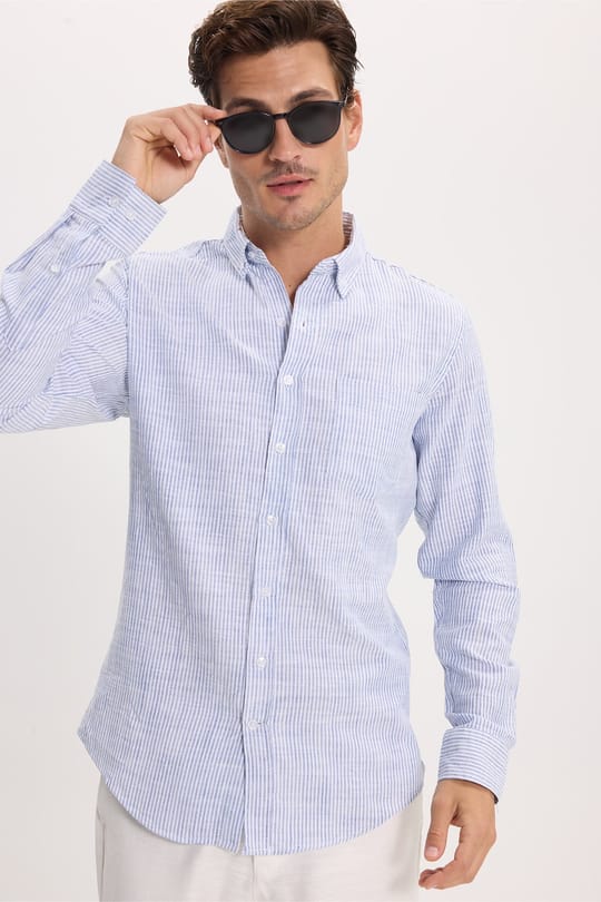 Erkek Slim Fit Dar Kesim %100 Pamuk Düğmeli Yaka Çizgili Uzun Kollu Cepli Keten Efektli Lacivert Gömlek