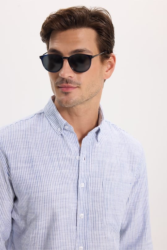 Erkek Slim Fit Dar Kesim %100 Pamuk Düğmeli Yaka Çizgili Uzun Kollu Cepli Keten Efektli Lacivert Gömlek