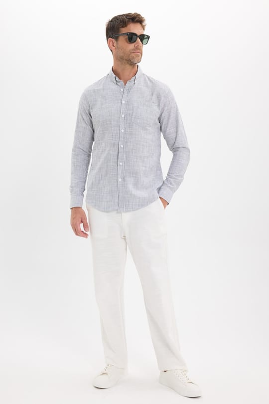 Erkek Slim Fit Dar Kesim %100 Pamuk Düğmeli Yaka Çizgili Uzun Kollu Cepli Keten Siyah-Beyaz Gömlek