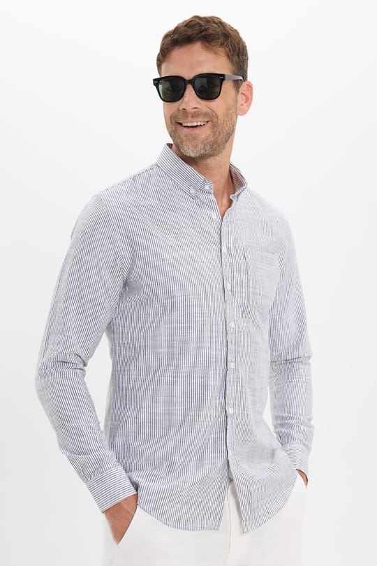 Erkek Slim Fit Dar Kesim %100 Pamuk Düğmeli Yaka Çizgili Uzun Kollu Cepli Keten Siyah-Beyaz Gömlek