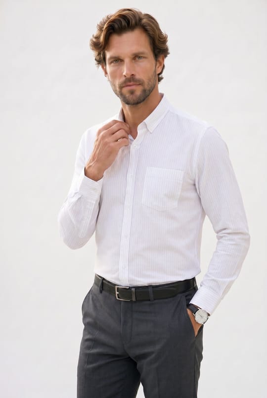 Erkek Slim Fit Dar Kesim %100 Pamuk Düğmeli Yaka Çizgili Uzun Kollu Cepli Keten Efektli Yeşil Gömlek