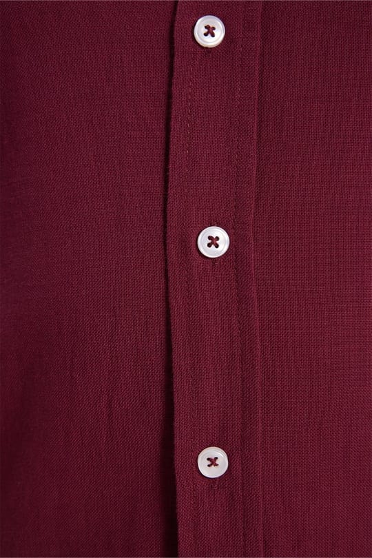 Erkek Slim Fit Dar Kesim %100 Pamuk Düğmeli Yaka Flam Keten Bordo Gömlek