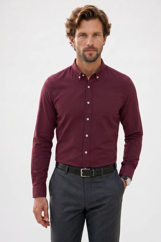 Erkek Slim Fit Dar Kesim %100 Pamuk Düğmeli Yaka Flam Keten Bordo Gömlek