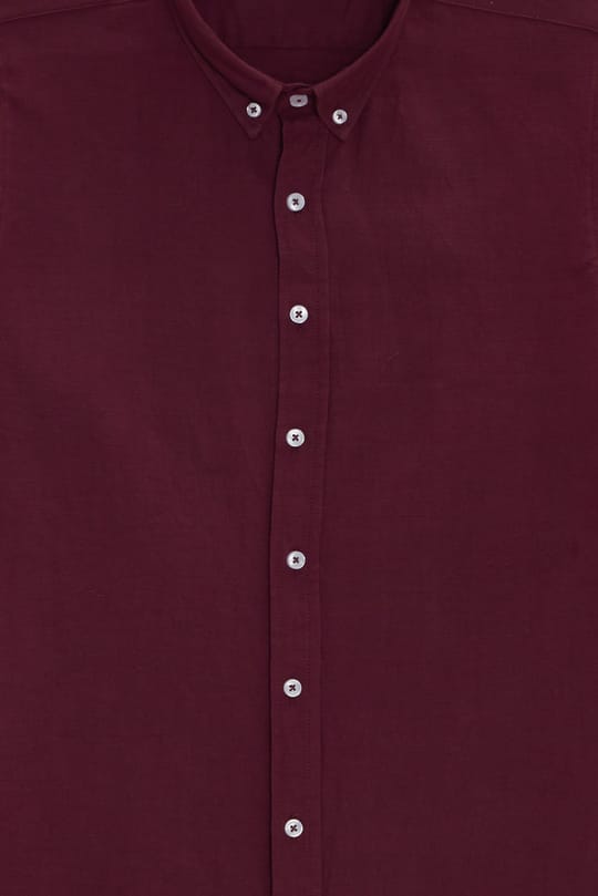 Erkek Slim Fit Dar Kesim %100 Pamuk Düğmeli Yaka Flam Keten Bordo Gömlek