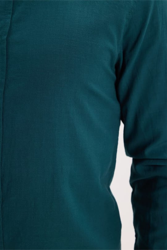 Erkek Slim Fit Dar Kesim %100 Pamuk Düğmeli Yaka Flam Keten Yeşil Gömlek