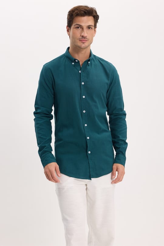Erkek Slim Fit Dar Kesim %100 Pamuk Düğmeli Yaka Flam Keten Yeşil Gömlek