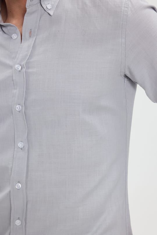 Erkek Slim Fit Dar Kesim %100 Pamuk Düğmeli Yaka Flam Keten Gri Gömlek